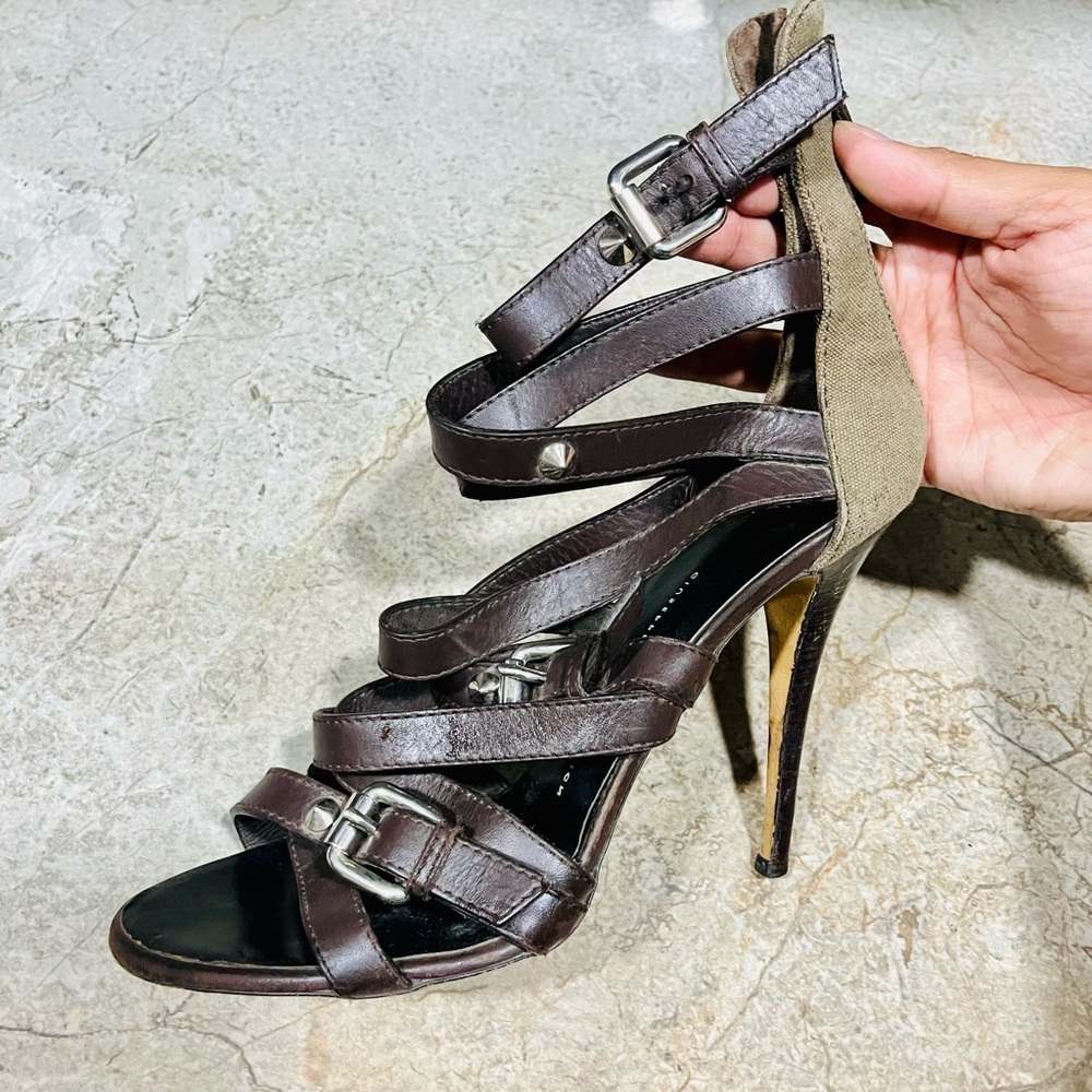 Giuseppe Zanotti Brown Leather and Khaki Canvas Stiletto Sandals - Picture 4 of 8